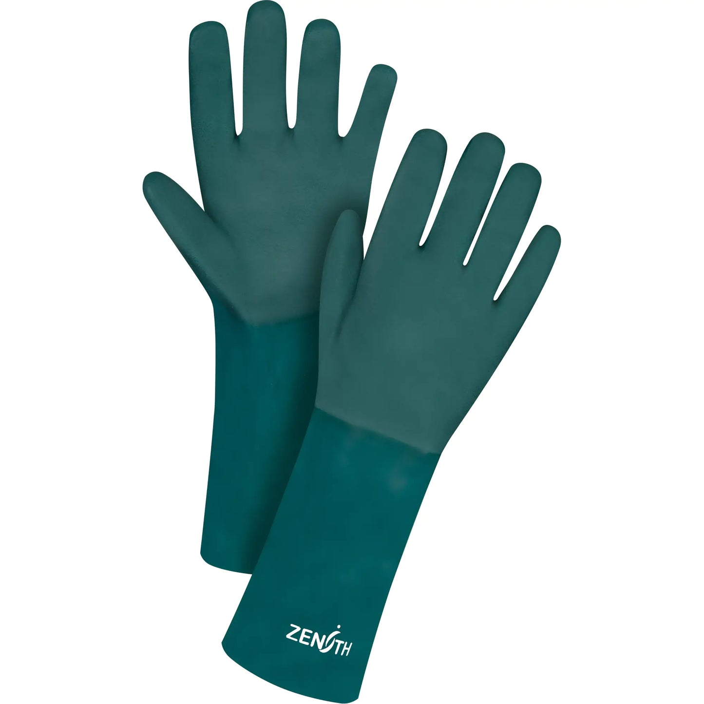 Double Dipped Green Gloves, 14" L, PVC, Cotton Jersey Inner Lining, 70-mil